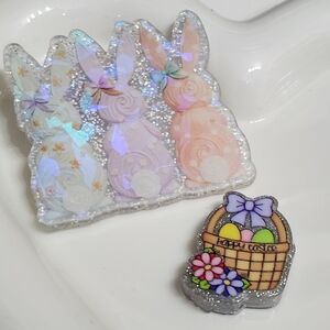 Easter Flatback Focal Beads Bunny Badge Keychain Bag Clip Magnet Holographic